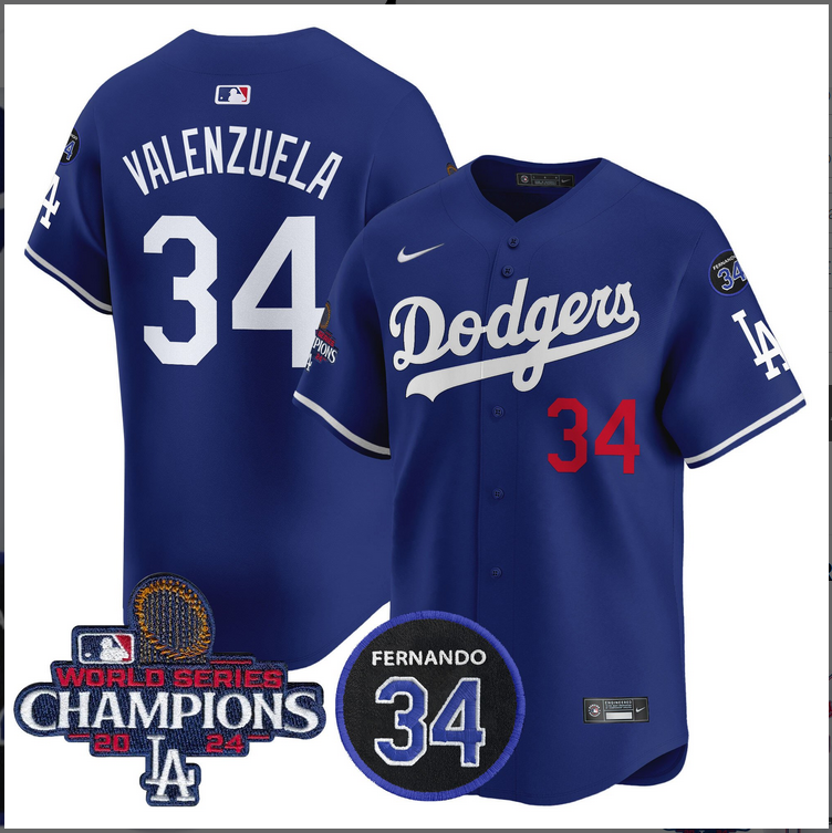 Men MLB Los Angeles Dodgers #34 Valenzuela blue 2024 World Series Champions Patch Limited Jersey->los angeles dodgers->MLB Jersey